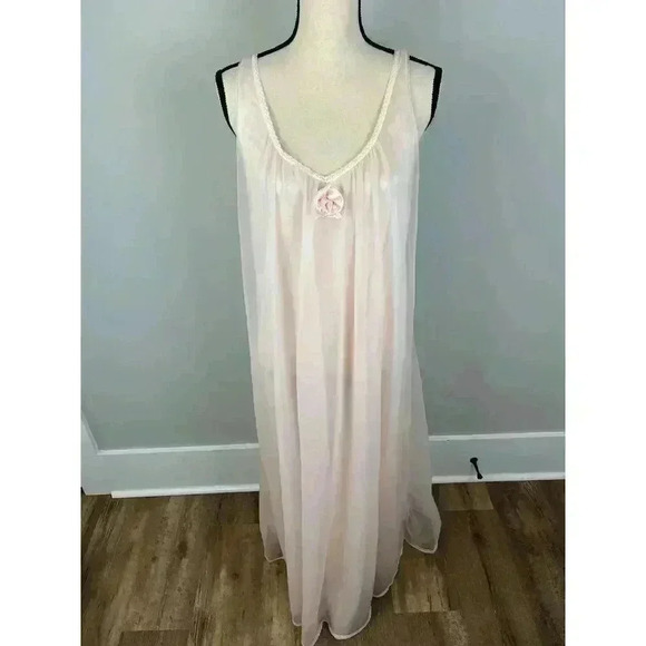 Vtg Val Mode Floor Length Rose Nightgown Pink Chiffon Slip Dress Sleeveless S - Picture 1 of 15